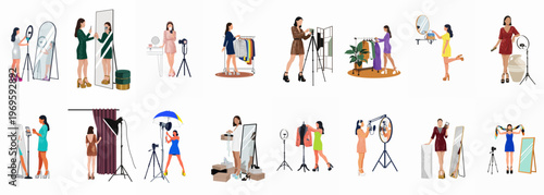 Fashion photography setup scenes: A dynamic series of scenes showcase fashion photography setups, featuring models, assistants, and equipment.