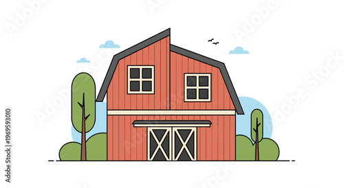 Red wooden farm barn in a rural landscape with trees and clouds, flat vector illustration for agriculture, farming, or countryside concepts.