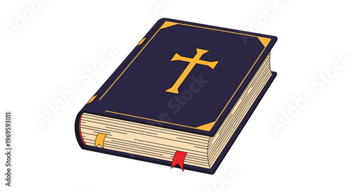 Dark blue holy bible with a gold cross on the cover and red bookmarks, traditional religious book for christianity, faith, and prayer themes.