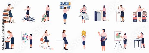 Office Life Compilation: An array of office workers engaged in daily tasks, from handling documents to presenting ideas, captured in a clean, modern aesthetic.