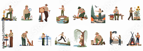 Diverse Park Ranger Actions: A collection of illustrations showcases park rangers engaged in a variety of activities, representing their dedication to preserving natural landscapes.