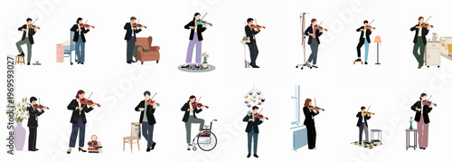 Violin Music Melodies: An artistic display showcasing various musicians, each immersed in the passionate art of playing the violin. Evoking themes of musical performance, artistic expressions.