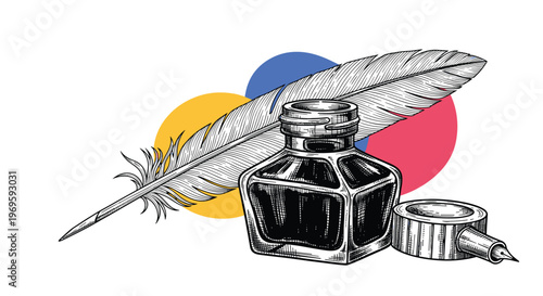 Vintage inkwell with a quill feather and a separate pen nib, artistic set for classic writing, poetry, and calligraphy on a vibrant background.