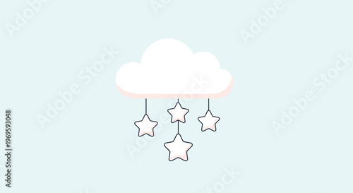 Soft white cloud with hanging stars in a blue sky, gentle nursery illustration for baby room decor, children's art, or sweet dreams themes.