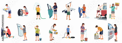 Car Cleaning and Maintenance: A comprehensive collection of various people engaged in the meticulous process of maintaining and cleaning a car, illustrating essential steps