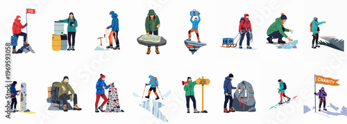 Adventurous Expedition Elements: An array of individuals navigate varied terrains in this illustration, each figure embodies a different aspect of a comprehensive expedition.