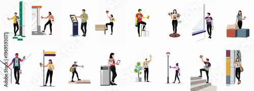 City Life Ensemble: A vibrant collection of people navigating and interacting with various urban elements, capturing the dynamic essence of a modern city.