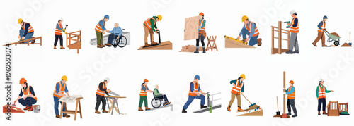 Construction Workers at Work: Diverse construction workers are depicted in the midst of their daily routines, constructing structures