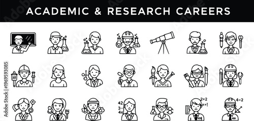 A grid of simple line icons represents individuals engaged in various academic and research careers, such as scientists, teachers, and artists.