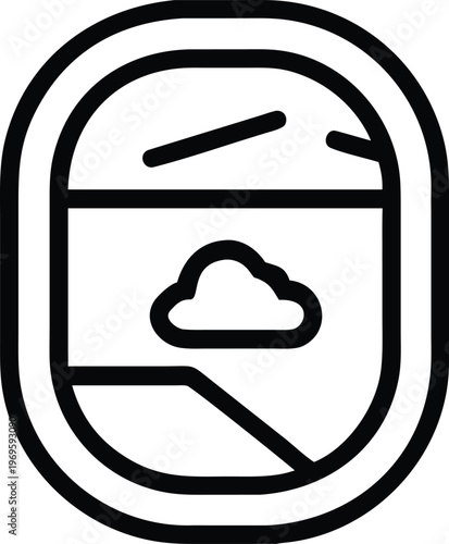 Airplane window cloud view icon, travel aviation symbol, passenger aircraft porthole illustration, minimalist black outline vector design isolated on white background for tourism concept use
