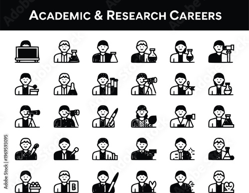 Academic and research careers are depicted through a collection of diverse icons representing scientists, doctors, and researchers engaged in various professional activities.