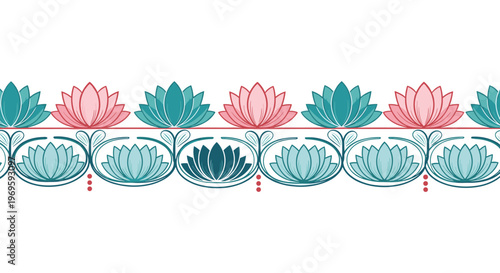 Lotus flower border design with pink and teal blossoms, elegant floral pattern for yoga, meditation, spa, or oriental decorative themes.