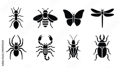 A collection of various insect and arachnid silhouettes including bees spiders and beetles presented in a minimalist style silhouette high quality