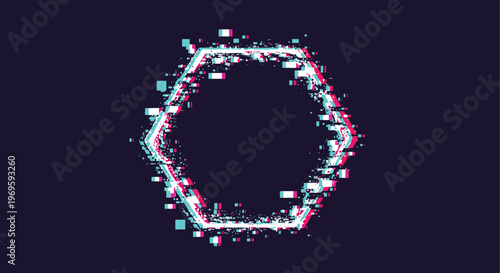Neon glitch effect hexagon frame on a dark background, vibrant geometric shape for modern digital art, cybernetic, and technology concepts.
