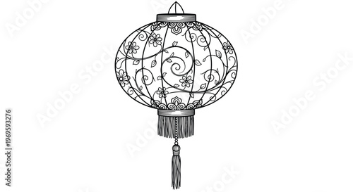 Ornate chinese paper lantern with floral patterns and a tassel, traditional asian decoration for lunar new year, festivals, and celebrations.
