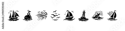 A set of hand-drawn nautical doodle icons featuring sailing ships on ocean waves, seagulls in flight, wind symbols, a lighthouse buoy, and an anchor.