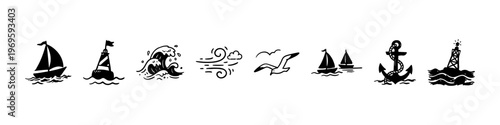 A set of hand-drawn nautical doodle icons featuring sailing ships on ocean waves, seagulls in flight, wind symbols, a lighthouse buoy, and an anchor.