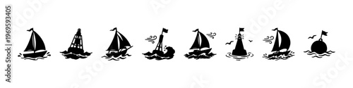 A set of hand-drawn nautical doodle icons featuring sailing ships on ocean waves, seagulls in flight, wind symbols, a lighthouse buoy, and an anchor.