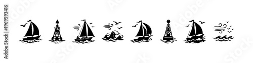 A set of hand-drawn nautical doodle icons featuring sailing ships on ocean waves, seagulls in flight, wind symbols, a lighthouse buoy, and an anchor.