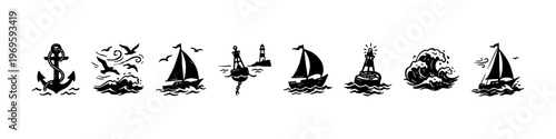 A set of hand-drawn nautical doodle icons featuring sailing ships on ocean waves, seagulls in flight, wind symbols, a lighthouse buoy, and an anchor.