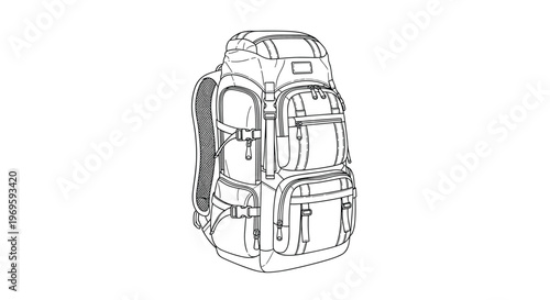 Professional line art illustration of a heavy-duty hiking backpack featuring numerous pockets and straps for trekking.