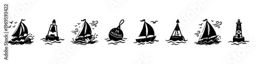 A set of hand-drawn nautical doodle icons featuring sailing ships on ocean waves, seagulls in flight, wind symbols, a lighthouse buoy, and an anchor.