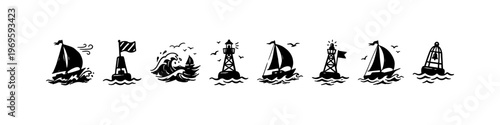 A set of hand-drawn nautical doodle icons featuring sailing ships on ocean waves, seagulls in flight, wind symbols, a lighthouse buoy, and an anchor.