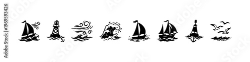 A set of hand-drawn nautical doodle icons featuring sailing ships on ocean waves, seagulls in flight, wind symbols, a lighthouse buoy, and an anchor.