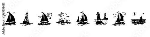 A set of hand-drawn nautical doodle icons featuring sailing ships on ocean waves, seagulls in flight, wind symbols, a lighthouse buoy, and an anchor.