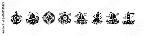 A set of detailed nautical doodle icons featuring a ship's wheel with an anchor, sailboats on wavy seas, a compass rose, a lifebuoy, and a lighthouse.