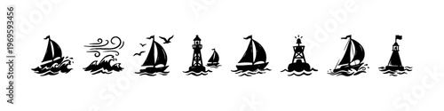 A set of hand-drawn nautical doodle icons featuring sailing ships on ocean waves, seagulls in flight, wind symbols, a lighthouse buoy, and an anchor.