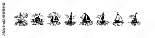A set of detailed nautical doodle icons featuring a ship's wheel with an anchor, sailboats on wavy seas, a compass rose, a lifebuoy, and a lighthouse.