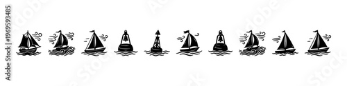 A set of detailed nautical doodle icons featuring a ship's wheel with an anchor, sailboats on wavy seas, a compass rose, a lifebuoy, and a lighthouse.