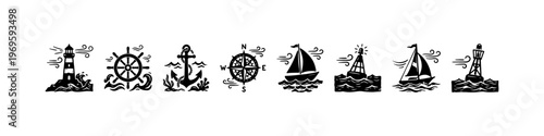 A set of detailed nautical doodle icons featuring a ship's wheel with an anchor, sailboats on wavy seas, a compass rose, a lifebuoy, and a lighthouse.