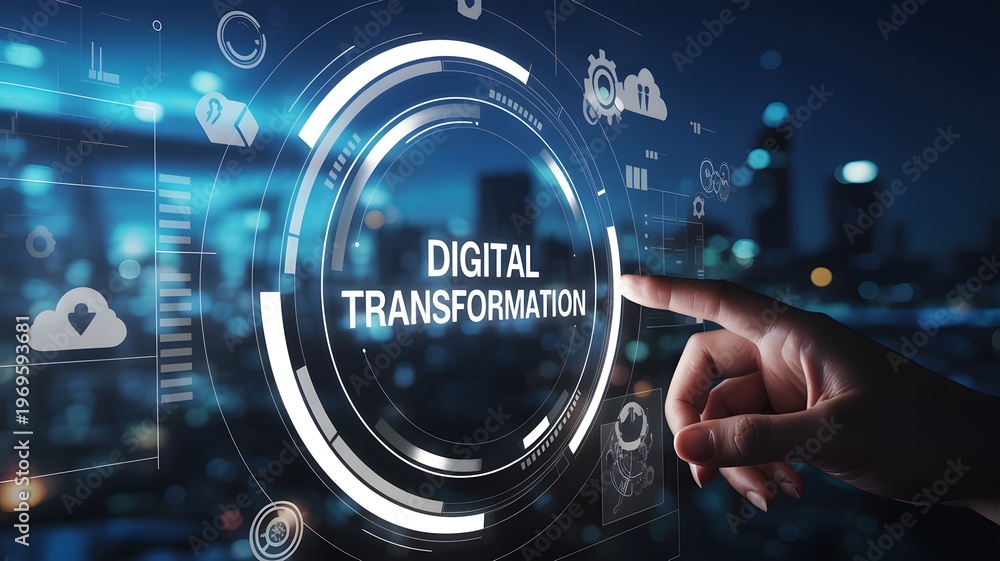 Fototapeta premium Futuristic Digital Transformation Concept Hand Interacting with Innovative Technology Interface for Business Growth