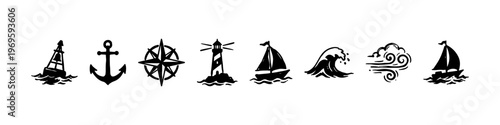 A set of detailed nautical doodle icons representing maritime navigation, sea travel, and sailing adventures on the ocean.