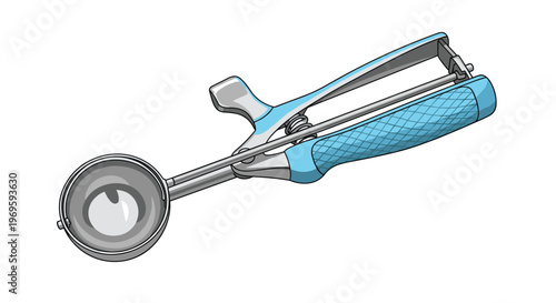 Metallic ice cream scoop featuring a blue textured handle and mechanical release lever shown in a detailed illustration.