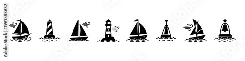 A set of detailed nautical doodle icons representing maritime navigation, sea travel, and sailing adventures on the ocean.