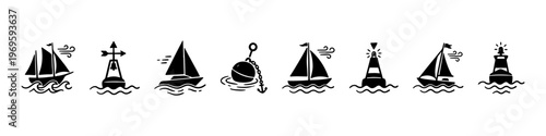 A set of detailed nautical doodle icons representing maritime navigation, sea travel, and sailing adventures on the ocean.