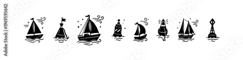 A set of detailed nautical doodle icons representing maritime navigation, sea travel, and sailing adventures on the ocean.