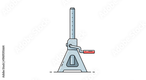 Adjustable steel car jack stand with a red handle for vehicle maintenance and repair tasks in an industrial style.