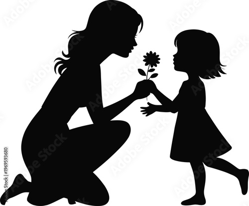 Silhouette of a woman and a little girl with a flower
