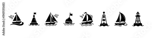 A set of detailed nautical doodle icons representing maritime navigation, sea travel, and sailing adventures on the ocean.