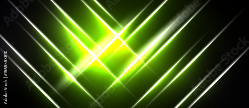 Bright neon lines converge toward center. Vivid green glow dominates dark background. Dynamic, futuristic visual effect.