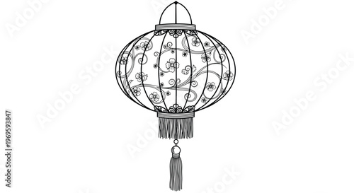 Intricate line art illustration of a traditional Chinese lantern decorated with floral patterns and a tassel at the bottom.