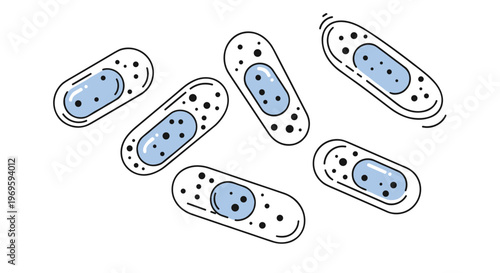 Group of various pill-shaped blue and white bacteria or microorganisms shown in a simple cartoon style illustration.