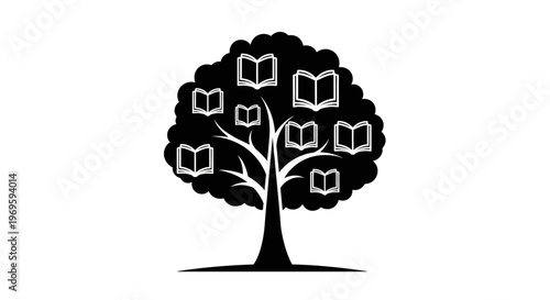 Black Tree with Open Books as Leaves Icon on White