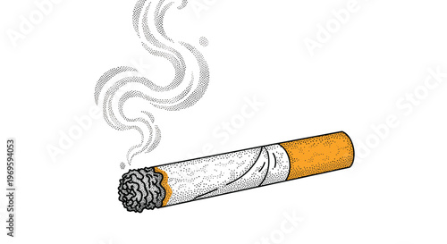 Detailed stippled illustration of a lit cigarette with rising smoke plumes shown against a plain white background.