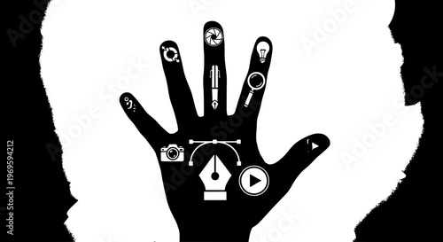 Hand with design tools icons and silhouette of creative minds. featuring icon, graphic, digital with art and illustration elements for vector, camera