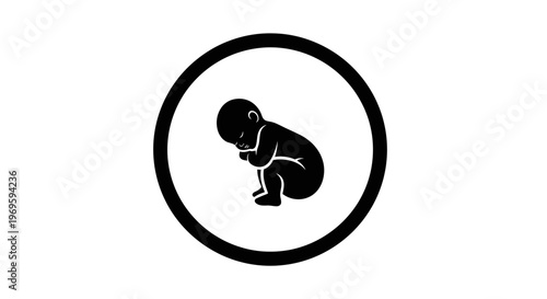 Black Silhouette of Fetus in Circular Frame on White Background